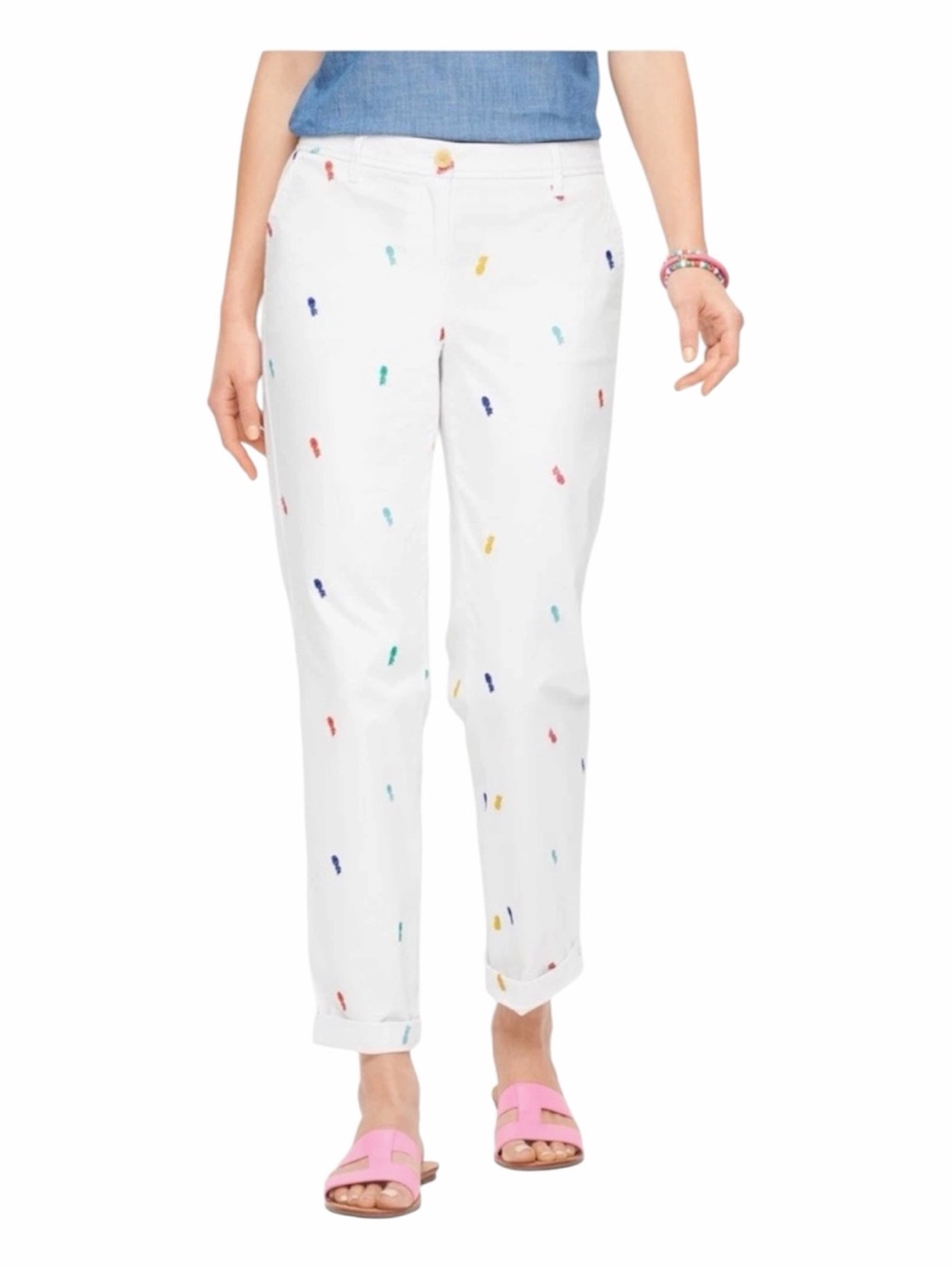 Talbots Pants Relaxed Chino White Pineapple Embroidered Casual Size 14P